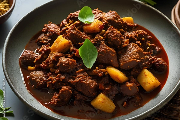 Obraz Hearty Beef and Potato Rendang in a Dark Ceramic Bowl