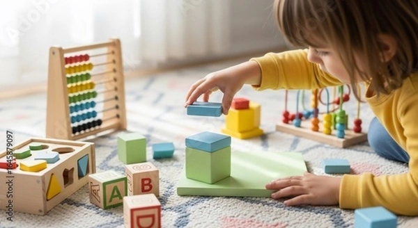 Fototapeta Child Playing with Wooden Toys, Focused on Learning and Creativity