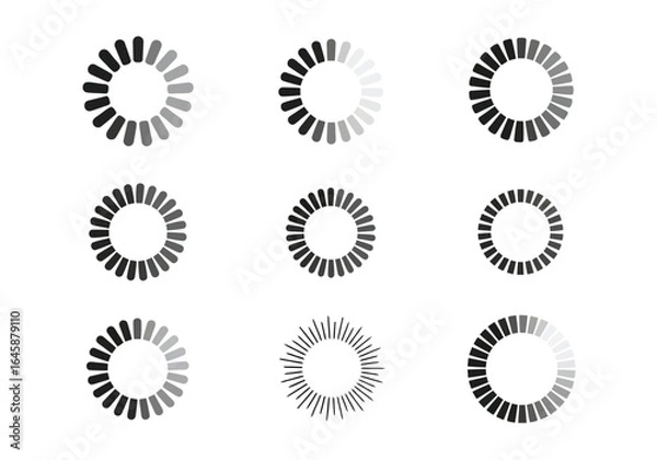 Fototapeta Collection of nine circular loading indicators isolated on white background