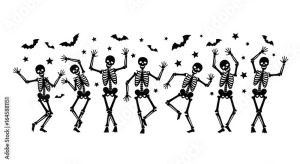 Obraz A black and white illustration of dancing skeletons with bats and stars for Halloween.