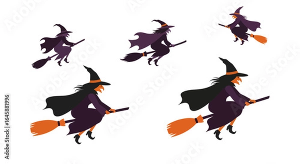 Obraz A group of witches flying on their brooms at night, depicted in a stylized graphic illustration with purple and orange accents.