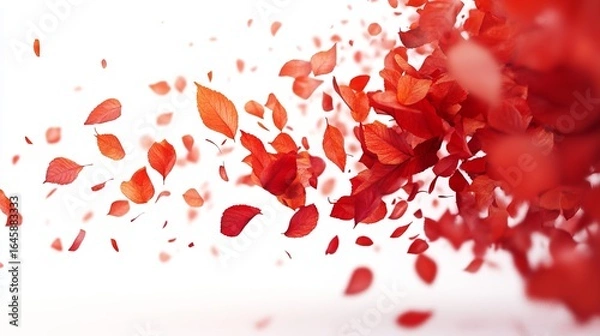 Fototapeta A dynamic burst of crimson leaves against a stark white backdrop, creating a vibrant and abstract image