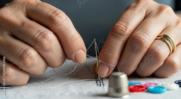 Fototapeta Close-up of Hands Meticulously Threading a Needle for Sewing, with Thimble and Colorful Buttons