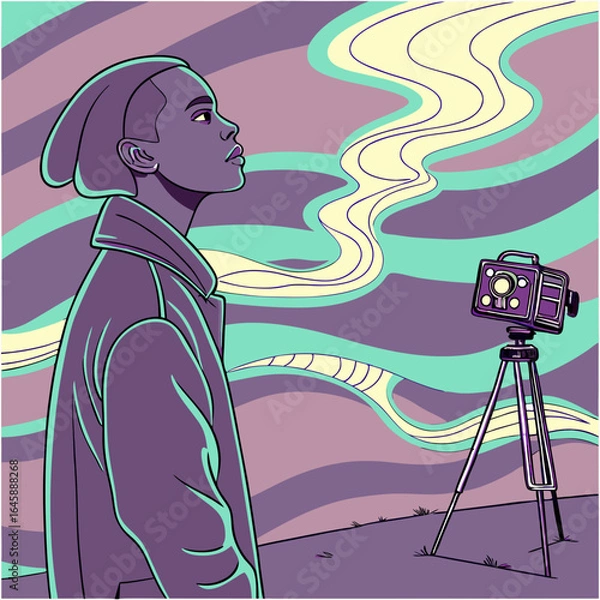 Fototapeta Ethereal glitchcore avatar, ghostly neon lights, transparent digital face, colorfu