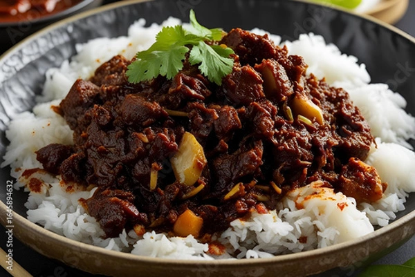 Obraz Close-Up of Spicy Filipino Beef Mechado over Steamed Rice