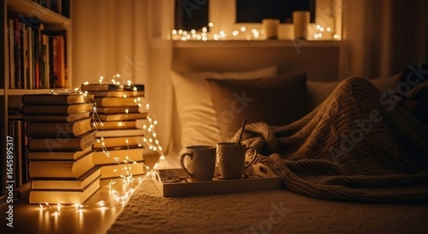 Fototapeta Cozy Reading Nook: Books, Lights, and Warm Drinks in Bed, Relaxing Scene.