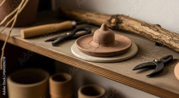 Fototapeta Cracked Clay Creation Drying on a Rustic Potter's Shelf with Tools