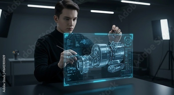 Fototapeta Male Engineer Designing a Machine on a Holographic Tablet