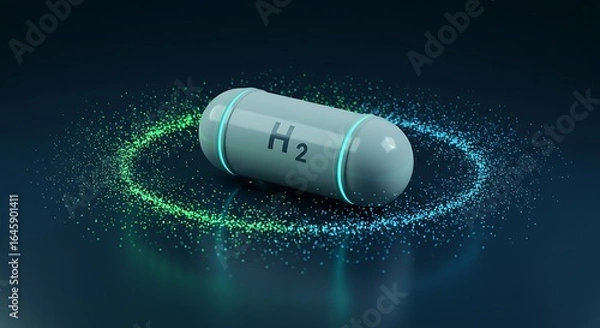 Obraz H2 Hydrogen Fuel Cell Capsule Surrounded by Digital Particles