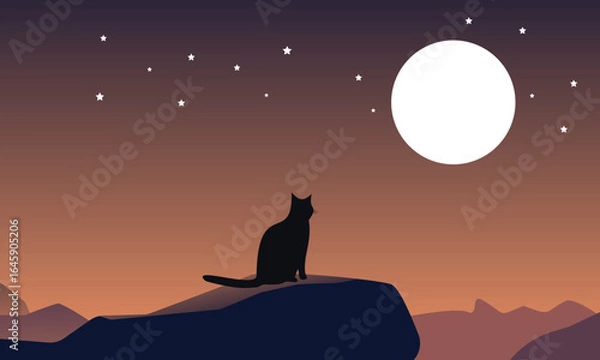 Fototapeta Silhouette of a Cat Sitting and Watching the Moon