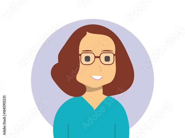 Fototapeta Happy smiling young woman with glasses Cheerful student or professional girl character avatar. Modern flat cartoon vector illustration of a friendly face with wavy hair.