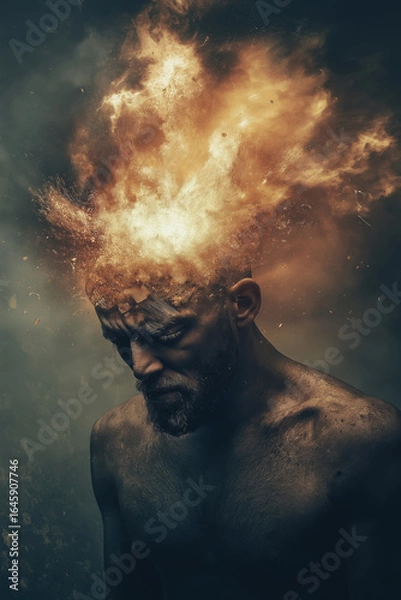 Fototapeta Illustration of a man with a burst of fiery light coming from his head, symbolizing mental stress.