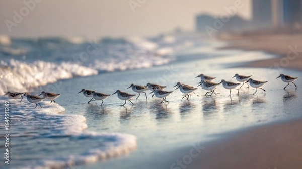 Obraz On a Morning Beach Sandpipers are Seen Chasing the Waves