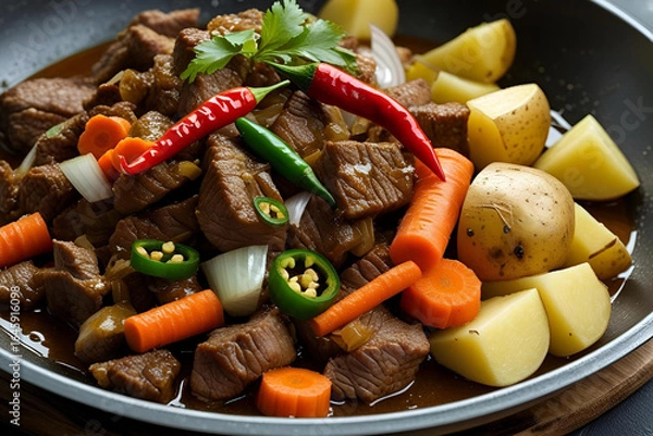 Obraz Close-Up of a Spicy Beef and Vegetable Stew with Fresh Chilies