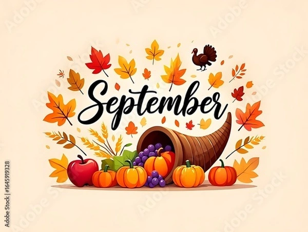 Obraz September autumn harvest scene with vibrant fall leaves cornucopia full of fruits wheat and turkey illustration for thanksgiving cards seasonal banners and autumn festival decorations