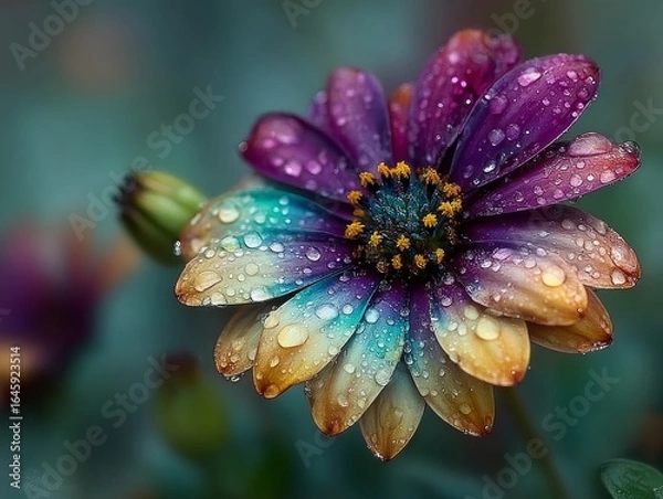 Fototapeta Closeup of a vibrant, multicolored flower with dew drops on its petals, showcasing natures delicate beauty and fresh, wet flora