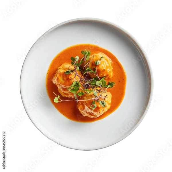 Fototapeta Delicious homemade dumplings in rich tomato sauce garnished with fresh herbs on a white plate on transparent background