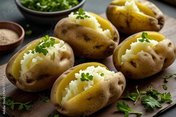 Fototapeta Baked Potatoes Stuffed with Fluffy Mashed Potato and Parsley