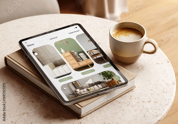 Obraz Tablet Screen Mockup with Coffee Cup on Round Table