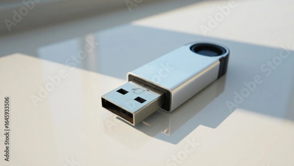 Fototapeta Sleek Silver USB Flash Drive on a Modern White Surface a Symbol of Data Storage and Portability with Shadows
