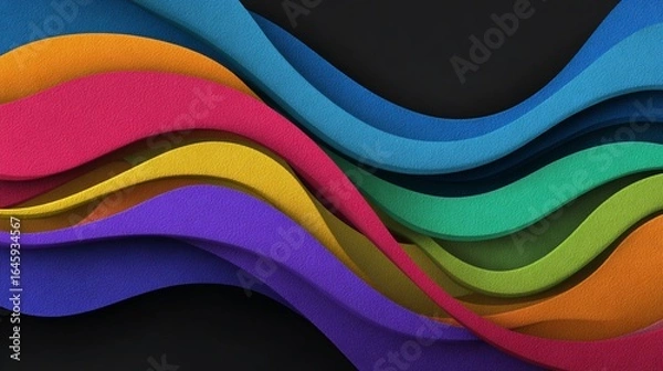 Fototapeta Abstract colorful layered ribbons flowing on black backdrop, creative design element use