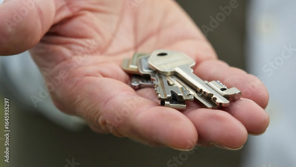 Fototapeta Close up of hand holding a set of metal keys symbolizing security access control and property management opportunities and the responsibility of ownership and a new chapter in life