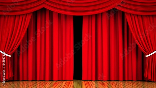 Fototapeta Dramatic Red Stage Curtains and Wooden Floor Announce the Beginning of a Performance Event or Special Presentation with a Sense of Anticipation and Grandeur