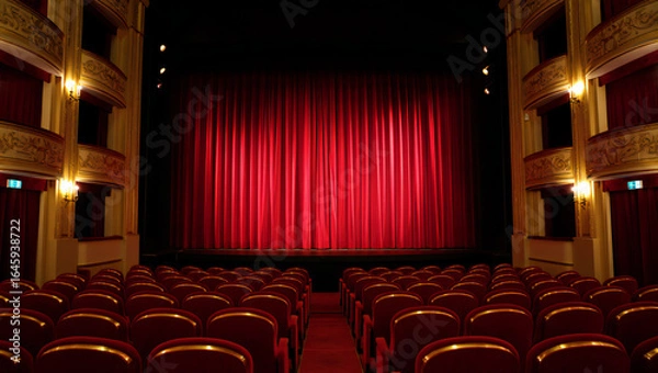 Fototapeta Grand Theater Interior with Red Velvet Curtain and Plush Seating Offering a Glimpse into the World of Performing Arts Ready for the Show to Begin