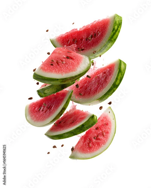 Fototapeta Falling watermelon isolated on white background, clipping path, full depth of field