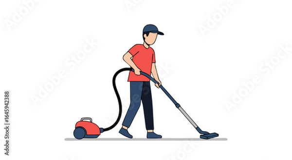 Fototapeta Man vacuuming, using a vacuum cleaner to clean the floor, maintaining cleanliness and tidiness in a domestic setting