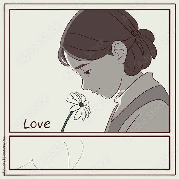 Fototapeta Incomplete, haphazard line scribble, ephemeral clean outline art, with scribble handwritten _love_, girl holding a flower, clip art