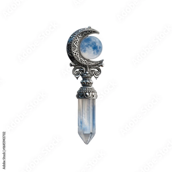 Fototapeta Celestial Crystal Wand Ornate Crescent Moon and Quartz Point Pendant