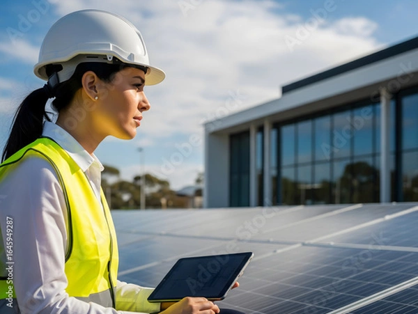 Fototapeta female solar energy engineers are checking the solar power system to ensure it is operating at full efficiency, holding tablet in hand