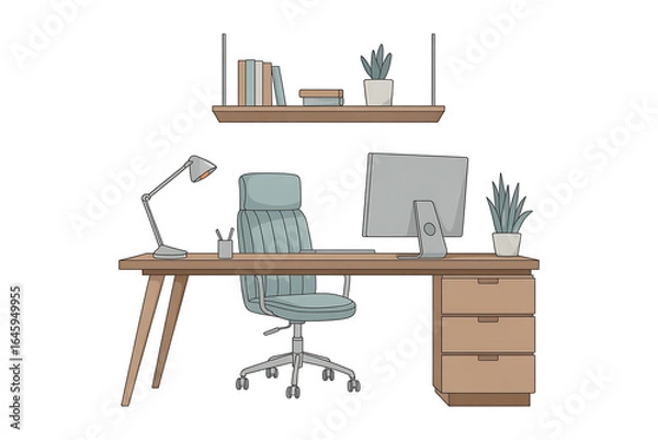 Fototapeta Modern home office desk with computer chair lamp and books on shelf