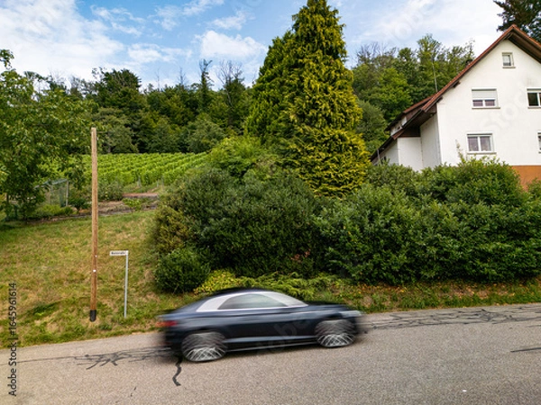 Obraz Fast car passing by a house
