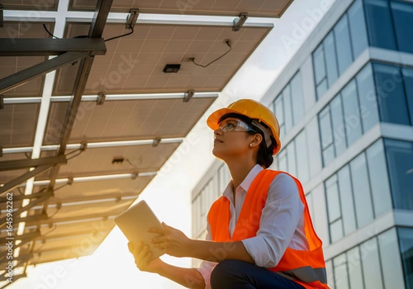Fototapeta female solar energy engineers are checking the solar power system to ensure it is operating at full efficiency, holding tablet in hand