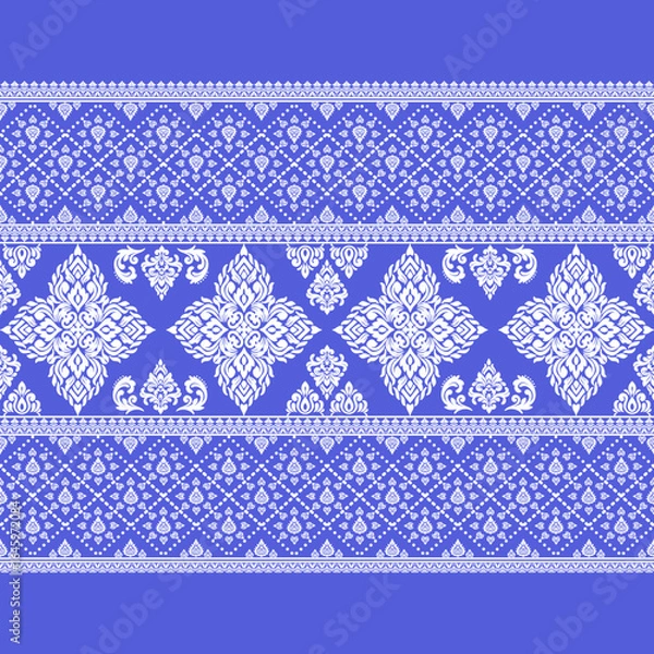 Fototapeta Traditional Thai Textile Pattern – Ornamental Blue and White Fabric Design