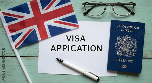 Obraz UK Visa Application Passport Flag and Stationery on a Wooden Surface stock image