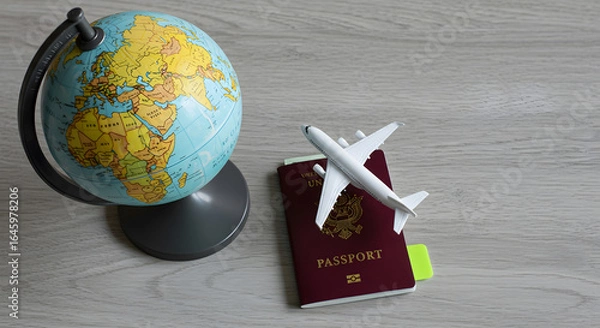 Obraz Travel Preparation Passport, Airplane, and Globe on Wooden Surface stock image