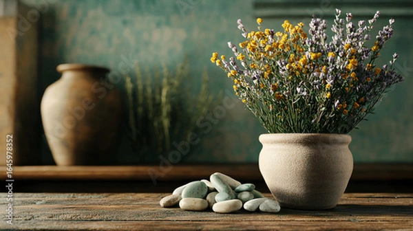 Obraz Herbal Remedies Displayed on Wooden Table with Decorative Elements