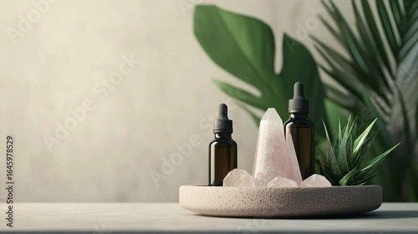 Obraz Aromatherapy Setup with Essential Oils and Healing Crystals Display