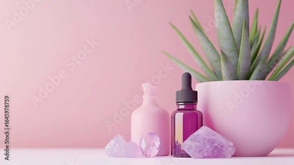 Obraz Cozy Aromatherapy Setup with Essential Oils and Fresh Greenery