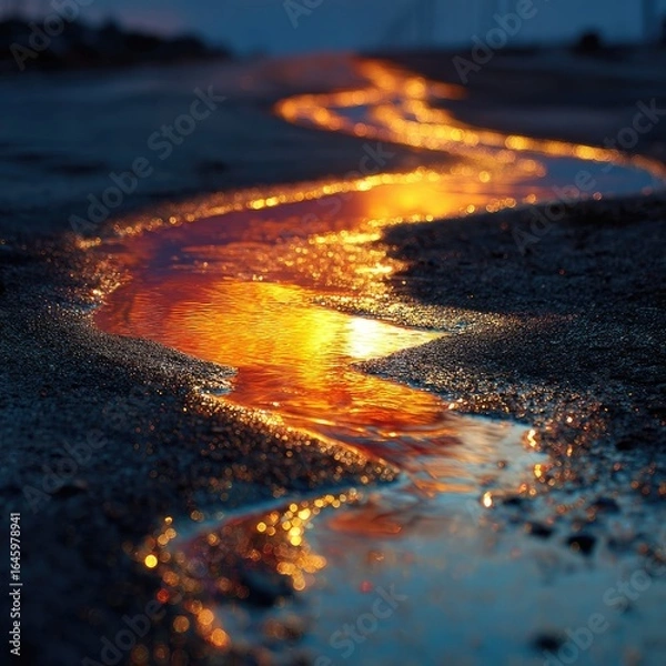 Fototapeta Golden, flowing puddle at twilight
