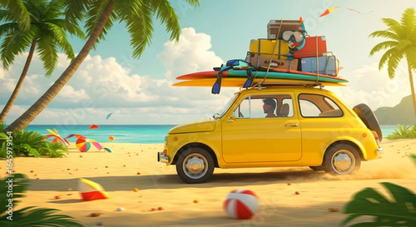 Obraz Yellow car loaded with luggage and surfboards driving on a beach towards the ocean.