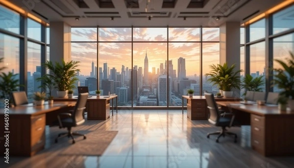 Fototapeta Modern office with panoramic city skyline view at sunset, featuring wooden desks, ergonomic chairs, and lush indoor plants in a bright, open workspace