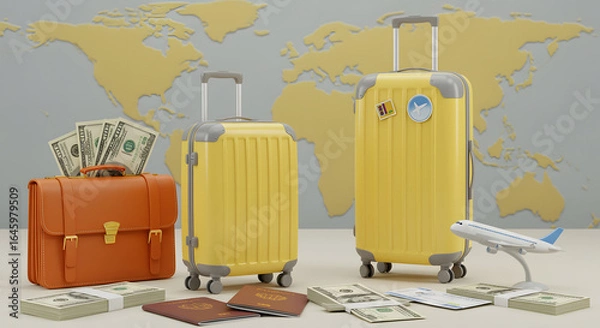Obraz Travel essentials Luggage, money, passports, and airplane model stock image