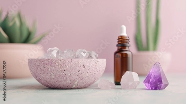 Obraz Natural Healing Setup with Essential Oils and Crystals on Table