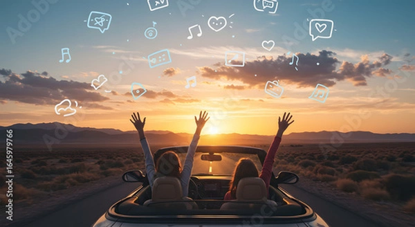Obraz Road trip adventure with friends at sunset with social media icons stock image