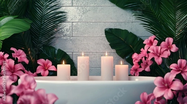 Obraz Tranquil Herbal Bath Setup with Candles and Floral Accents