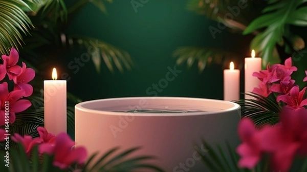 Obraz Tranquil Herbal Bath with Flowers and Candles in Serene Setting